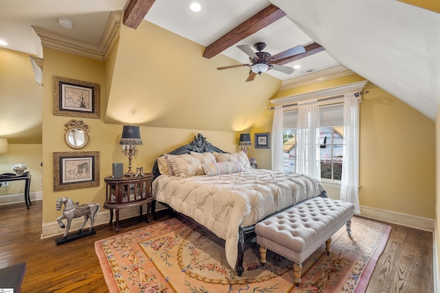 bedroom with crown molding, lofted ceiling with beams, dark hardwood / wood-style floors, and ceiling fan