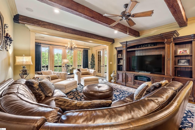 living room with beamed ceiling, french doors, ornamental molding, and ceiling fan with notable chandelier