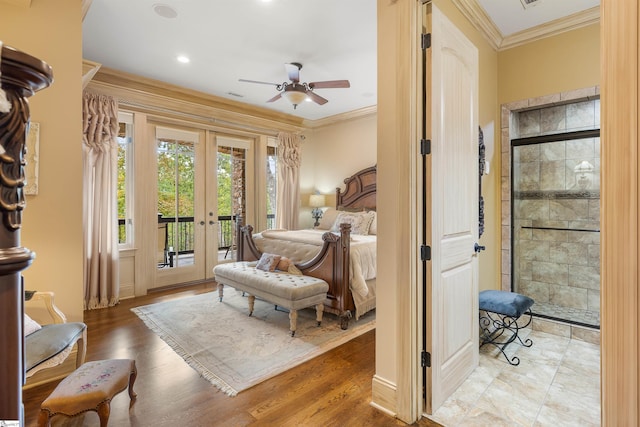 bedroom with ornamental molding, french doors, light hardwood / wood-style floors, and access to outside