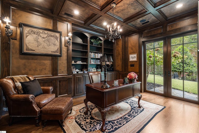 home office featuring wooden walls, coffered ceiling, light hardwood / wood-style floors, and french doors