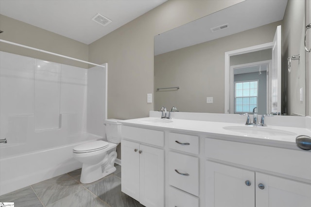 full bathroom with vanity, toilet, tile patterned floors, and shower / tub combination