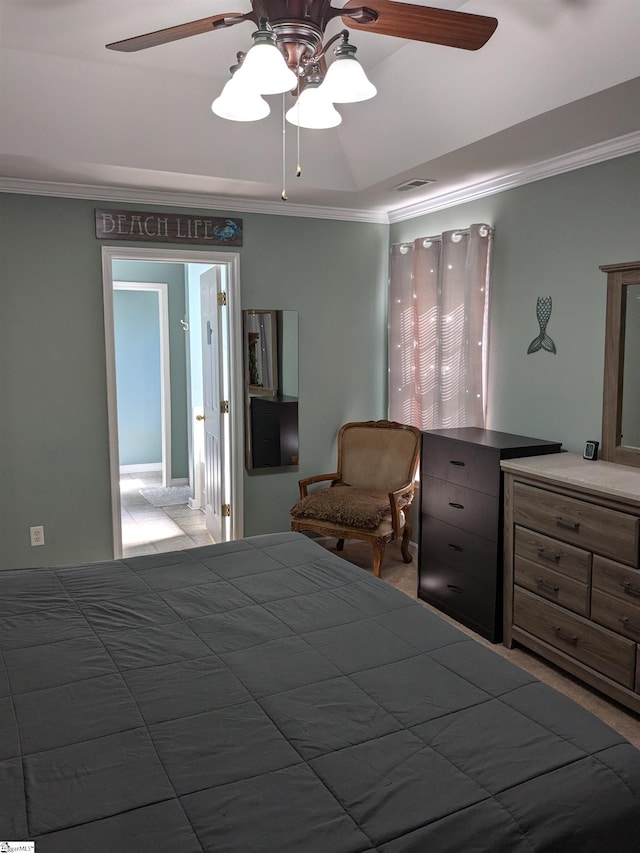 bedroom featuring carpet flooring, ceiling fan, and crown molding