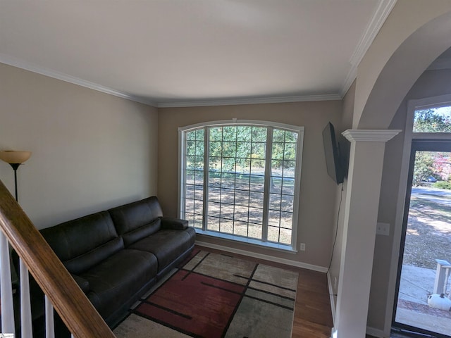 living room featuring dark wood-type flooring, decorative columns, and ornamental molding