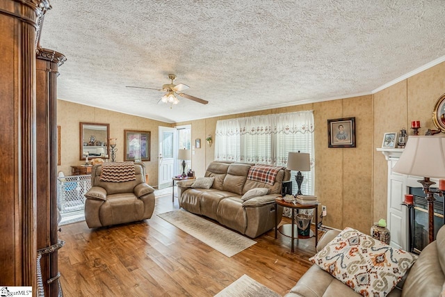 living room with lofted ceiling, a textured ceiling, wood-type flooring, and crown molding