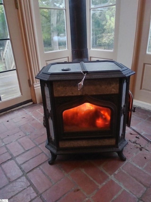 room details with a wood stove