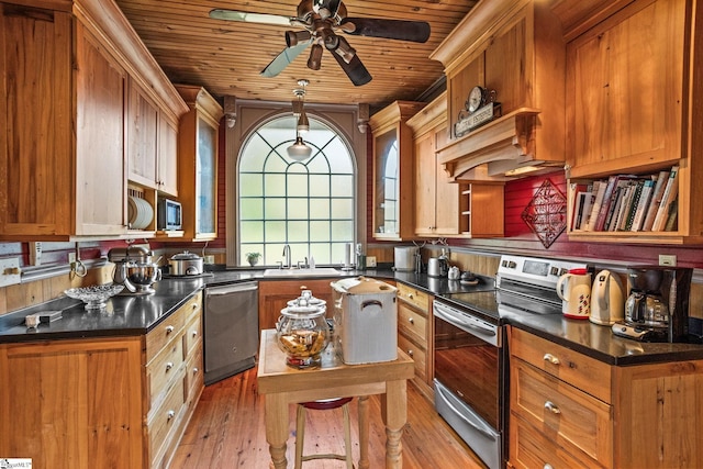 kitchen with stainless steel appliances, wooden ceiling, sink, light hardwood / wood-style floors, and ceiling fan