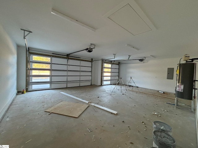 garage with a garage door opener, water heater, and electric panel