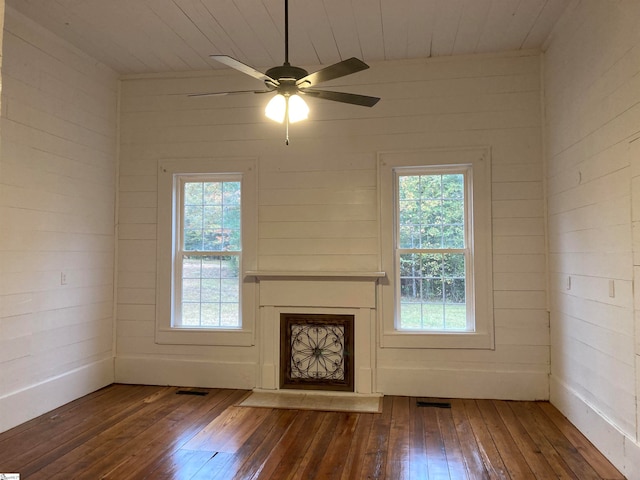 unfurnished living room with dark hardwood / wood-style flooring, plenty of natural light, and wooden walls