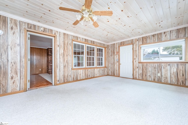 unfurnished room featuring ornamental molding, ceiling fan, carpet flooring, and wood walls