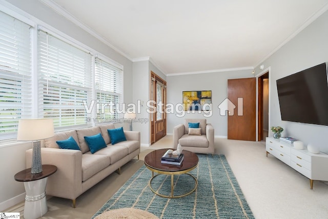 living room featuring crown molding, a healthy amount of sunlight, and light colored carpet