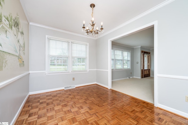 unfurnished room featuring parquet flooring, an inviting chandelier, and ornamental molding