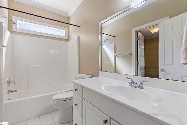 full bathroom featuring bathing tub / shower combination, toilet, vanity, ornamental molding, and tile patterned flooring