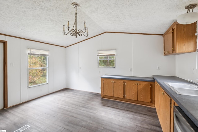 kitchen featuring sink, dishwasher, a healthy amount of sunlight, and dark hardwood / wood-style flooring