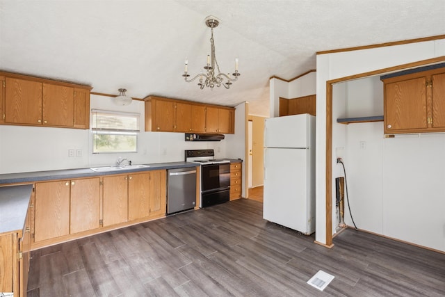 kitchen with white appliances, hanging light fixtures, vaulted ceiling, crown molding, and dark hardwood / wood-style floors