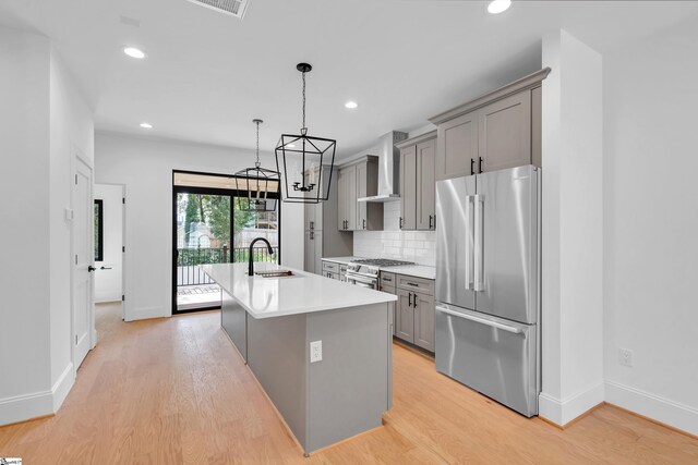 kitchen with backsplash, wall chimney exhaust hood, stainless steel appliances, pendant lighting, and an island with sink