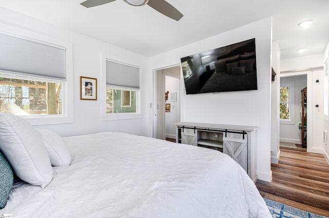 bedroom with ceiling fan and dark hardwood / wood-style floors