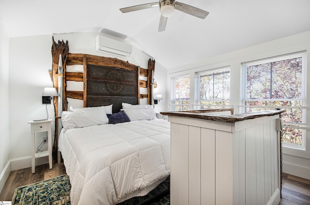 bedroom featuring multiple windows, a wall mounted AC, ceiling fan, and vaulted ceiling