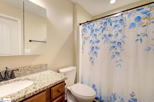 bathroom with vanity, toilet, and curtained shower