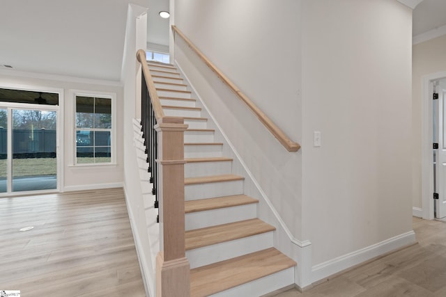 stairway with ornamental molding and hardwood / wood-style floors