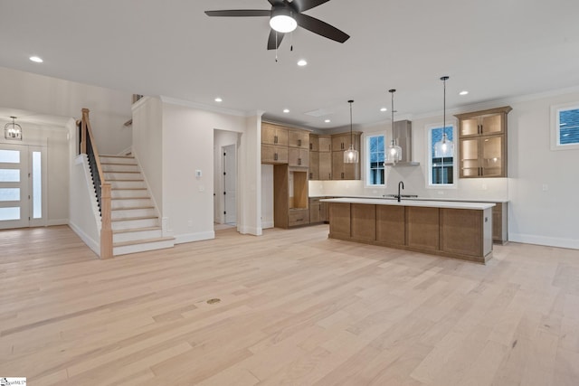 kitchen with sink, plenty of natural light, an island with sink, decorative light fixtures, and light wood-type flooring