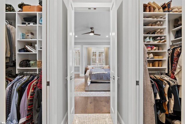 spacious closet featuring hardwood / wood-style flooring and ceiling fan