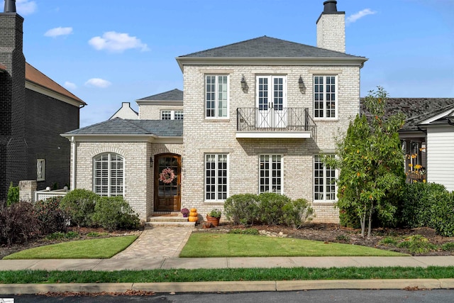 view of front of property with a front lawn and a balcony