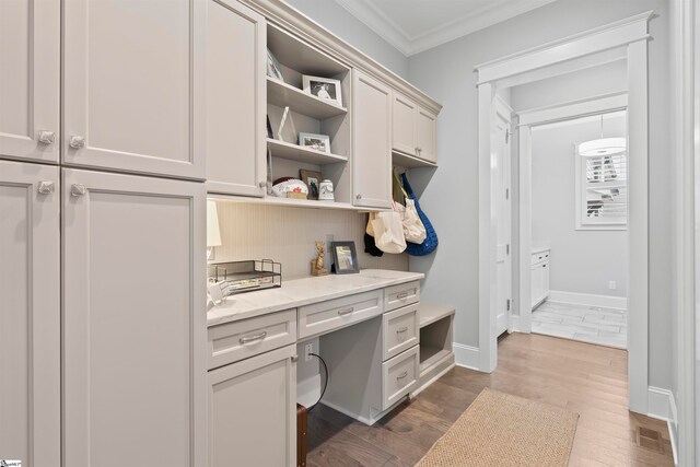 mudroom with ornamental molding and dark wood-type flooring