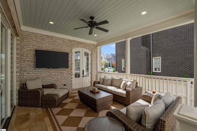 view of patio with ceiling fan, french doors, and an outdoor living space