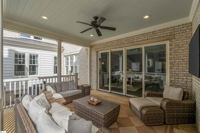 exterior space featuring wooden ceiling and ceiling fan