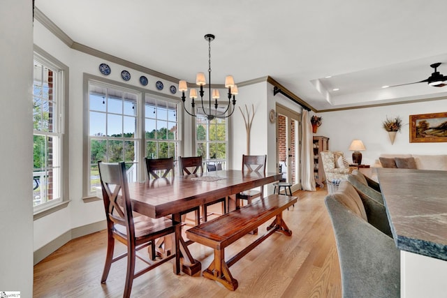 dining space with plenty of natural light, ornamental molding, ceiling fan with notable chandelier, and light hardwood / wood-style flooring