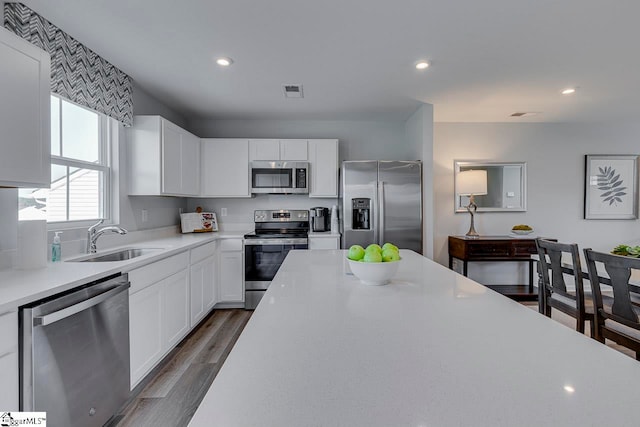 kitchen with appliances with stainless steel finishes, white cabinetry, sink, and dark hardwood / wood-style floors