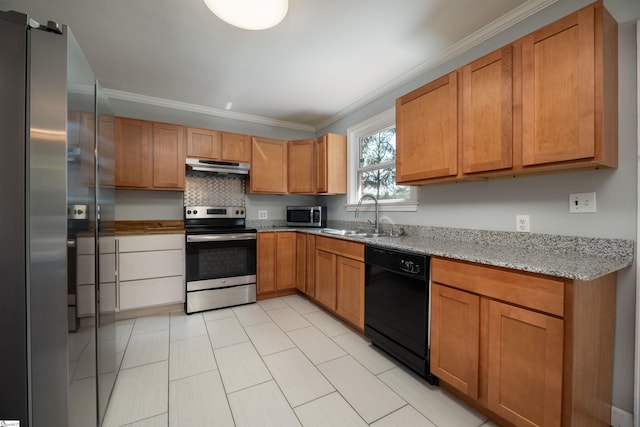 kitchen featuring decorative backsplash, stainless steel appliances, sink, crown molding, and light stone counters