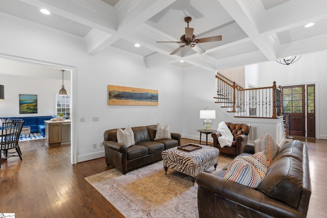 living room featuring coffered ceiling, beamed ceiling, and dark wood-type flooring