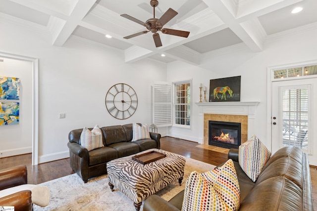 living room with beam ceiling, hardwood / wood-style floors, a fireplace, and ceiling fan