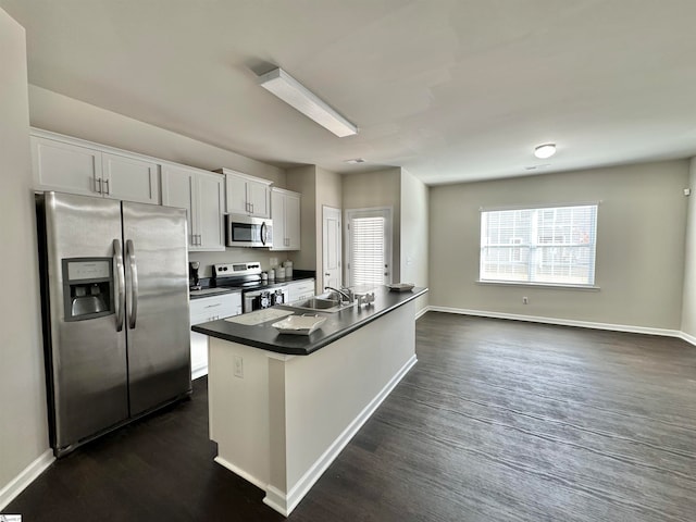 kitchen featuring white cabinets, stainless steel appliances, and dark hardwood / wood-style flooring