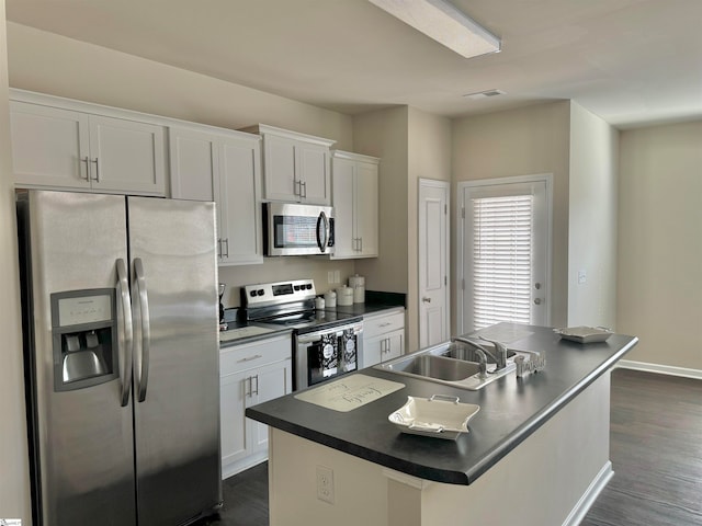 kitchen with dark hardwood / wood-style floors, stainless steel appliances, a center island with sink, sink, and white cabinetry