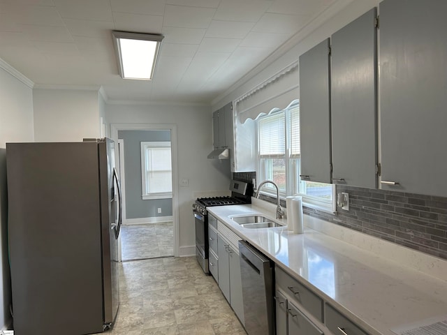 kitchen with appliances with stainless steel finishes, gray cabinetry, and a wealth of natural light