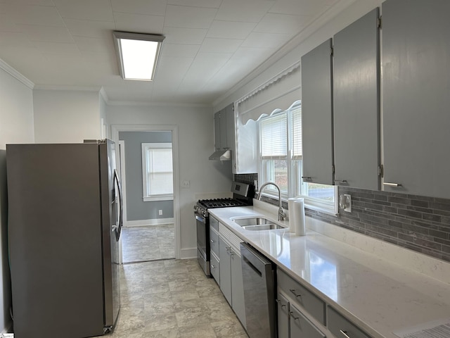 611 Shands St, Clinton, SC 29325 - kitchen with stainless steel appliances, under cabinet range hood, gray cabinetry, ornamental molding, and decorative backsplash