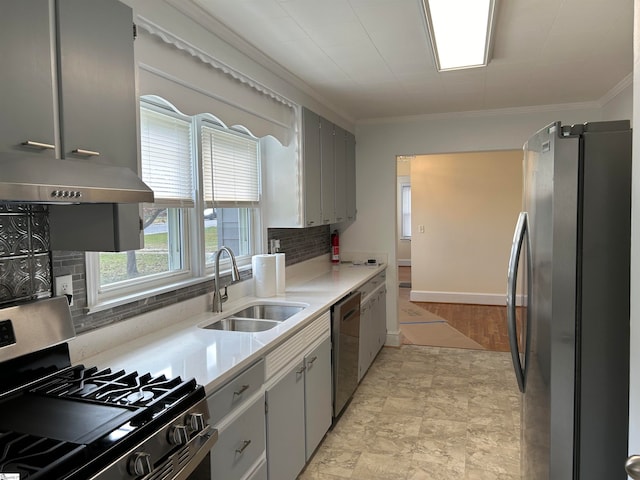 kitchen featuring gray cabinetry, stainless steel appliances, sink, and ventilation hood