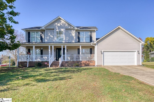 view of front of home featuring covered porch, a front yard, and a garage