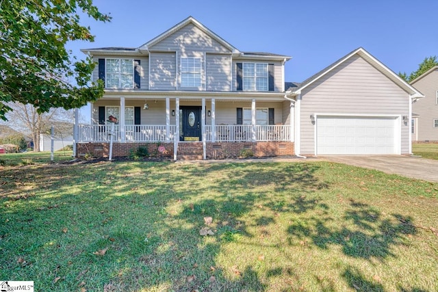 view of front of property featuring a front yard, covered porch, and a garage