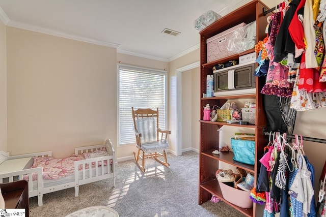 carpeted bedroom featuring ornamental molding