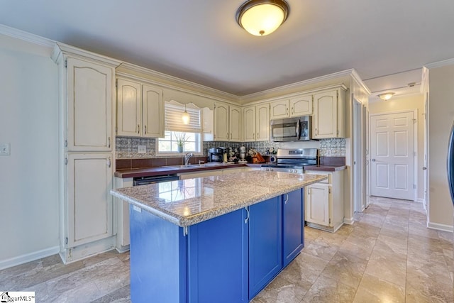 kitchen featuring decorative backsplash, light stone counters, appliances with stainless steel finishes, ornamental molding, and a center island