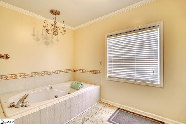 bathroom with tile patterned floors, tiled tub, crown molding, and a wealth of natural light