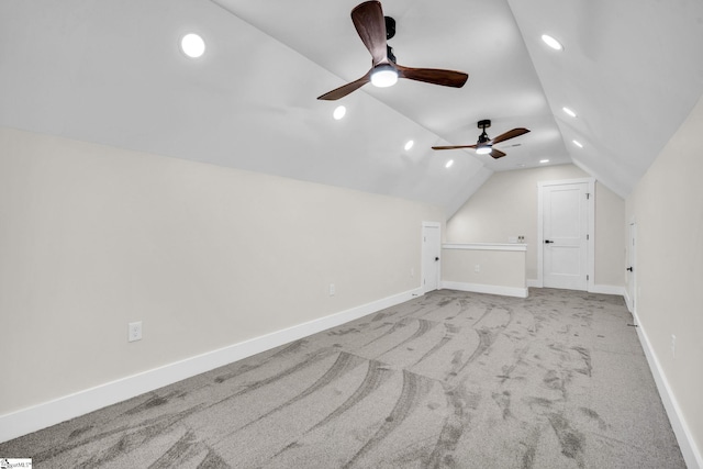 bonus room featuring lofted ceiling, baseboards, recessed lighting, a ceiling fan, and carpet