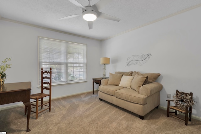 carpeted living room featuring ceiling fan, ornamental molding, and a textured ceiling