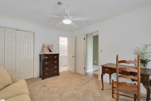 interior space featuring light carpet and ornamental molding