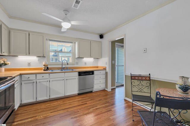 kitchen with stainless steel appliances, ornamental molding, sink, light wood-type flooring, and ceiling fan