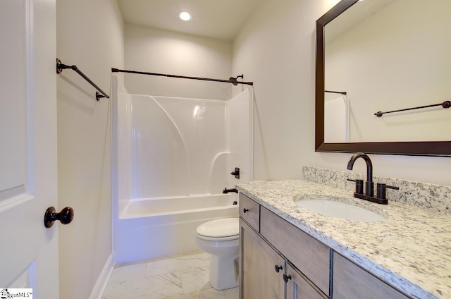 113 Bonaire Pointe Smithbrook Subdivision, Anderson, SC 29621 - bathroom with marble look tiles, toilet, vanity, tub / shower combination, and baseboards