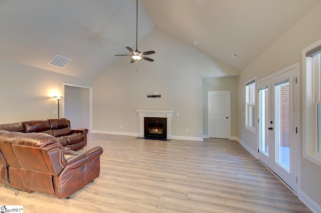 113 Bonaire Pointe Smithbrook Subdivision, Anderson, SC 29621 - living room with high vaulted ceiling, light wood-type flooring, plenty of natural light, and a ceiling fan